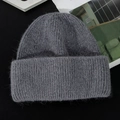 Thick double-layer dark grey rabbit fur knitted beanie with warm ear protection - M (56-58cm) / Dark Gray