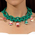 Detailed view of Christmas necklace featuring Santa, tree, and snowman resin charms - 30166-Green Braided Rope Christmas Necklace