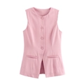 Détail du gilet rose sans manches à col en V avec boutons simples et poches décoratives - XS / Gilet Rose