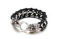 Punk woven black leather bracelet with silver wolf heads and stainless steel O-ring - Beast Head Style (KB39706-D)