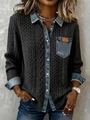 Chaqueta de punto gris oscuro para mujer con detalles de denim en cuello y puños - S / Gris oscuro