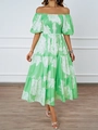 Detail of elegant off-shoulder floral dress in green with large white flower prints - S / Green White Print