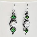 Vintage silver earrings with emerald green square stone and white pearl accents - Square Green Gem Pearl Style (10961)