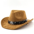 Brown suede jazz hat with lion metal buckle and black studded belt for men and women - M (56-58cm) / Khaki
