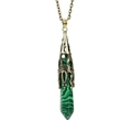 Detail of green malachite hexagonal pendant necklace with antique bronze flower cap - Antique Bronze + Malachite