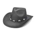 Detail van glitter zwarte cowboyhoed met een lederen band met studs en zilveren gespen - M (56-58cm) / Zwart