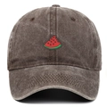 Detailed view of vintage washed cotton baseball cap with watermelon slice embroidery - One Size / Coffee