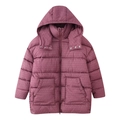Women's purple hooded long puffer jacket with geometric print and front pockets - S / Fuschia