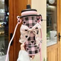 Pink and black checkered insulated bottle with a large bow, pearls and a crossbody strap - Pink Plaid Bow (Stainless Liner)