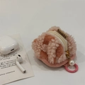 Detail of soft plush waffle velvet earphone pouch with pearl pendant and zip closure - Pink Plaid