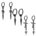 Three pairs of black stainless steel earrings with sword, cone, and cross chain charms - Set 30 (Black - Sword Pendant/Cone Pendant/Cross Double Chain)