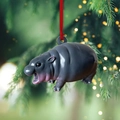 Cute hippo acrylic Christmas tree ornament with realistic texture and red hanging ribbon - Hippo