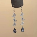 Detail of blue enamel butterfly earrings with hanging teardrop crystal pendant charms - 80# Silver Earring Post - Silver & Blue