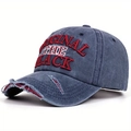 Détail de casquette en jean bleu marine usé avec broderie rouge Original The Black - Réglable / Bleu marine