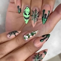 Halloween stiletto press-on nails with green monster face and spider web art - K077【24pcs】 / Boxed (jelly Gel + Granules)
