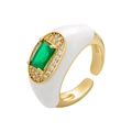Adjustable gold ring with green emerald cut zircon and white enamel details - White