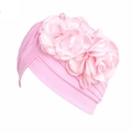Pink elastic turban hat with large 3D flower decoration for yoga and ethnic headwear - One Size / Pink