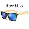 Classic black square sunglasses with blue mirrored lenses and natural bamboo temples - Glossy Black / Blue Film