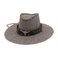 Western cowboy hat with bull head ornament and wide brim in grey-brown fabric finish - Black Leather White Bull Head Decor / Gray