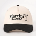 Close-up of Martini Social Club embroidery on a beige and black vintage baseball cap - Beige and Black