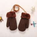 Thick knitted warm gloves for toddlers with fleece cuffs and neck strap for winter outdoors - 1-4 Years / Coffee