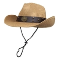 Western style woven straw cowboy sun hat with bull head metal badge and windproof rope - M (56-58cm) / Khaki