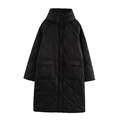 Women's black diamond-quilted long jacket with hood and snap buttons on white background - XS / Black