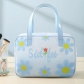 Light blue translucent PVC makeup bag featuring large daisy floral prints and handles - Blue Daisy (Square Large)