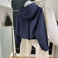 Women minimalist dark blue hooded jacket with drawstring hem in casual resort style - S / Navy Blue