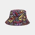 Detail of colorful geometric folk patterns and reinforced stitching on the bucket hat - One Size / Black Multi-color Geometric Print (2#)