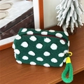 Green plush makeup bag with white polka dots and a woven handle on a wooden desk - Handheld Green Woolen Polka Dot