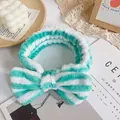 Soft flannel headband for face washing with blue and white stripes and large bow - Cyan White Stripe