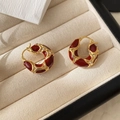 Elegant gold hoop earrings with red enamel and rhinestones in vintage flower design - ER1473-01-Lava Red Enamel Hoop