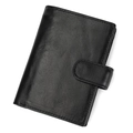 Detail view of the black leather wallet with snap button strap and neat stitching texture - Black Oiled Leather