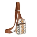 Detail of ethnic canvas crossbody bag with zippers, earphone port, and leather trim - White
