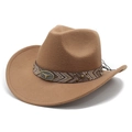 Detail of western brown felt cowboy hat with bull head logo and metallic rivets - M (56-59cm) / Khaki