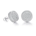 Macro shot of silver hip hop stud earrings featuring pave-set iced out cubic zirconia - 12mm Round / Platinum