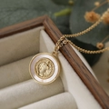 18K gold plated shell cross necklace with religious St. Benedict pendant on a wooden box - Saint Benedict Embossed Style (24713)