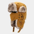 Detail of winter trapper hat with faux fur lining and bulldog embroidery in yellow - One Size / Ginger Yellow