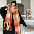 Winter mohair plaid scarf in orange, yellow and beige with decorative fringes - Orange White Yellow Plaid