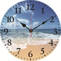 Silent round wooden wall clock featuring a tropical beach and ocean landscape dial - Beach Waves