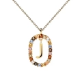 Macro shot of gold letter J necklace pendant with colorful zircon stones on white background - Letter J