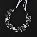 Elegant white floral bridal headband with pearls, crystals and ribbon for weddings - Silver Wire Copper Version / Silver