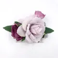 Bohemian purple rose hair comb featuring silk flowers and green leaves on silver metal pins - FS46-2 Purple
