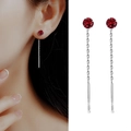 S925 sterling silver drop earrings with red zircon and long tassel chain on model - 925 Silver / Red
