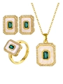 Golden jewelry set with green stones, white shell inserts and zircons on white background - Rectangular Green Zirconia 3-Piece Set
