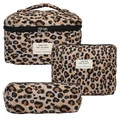Three-piece leopard print quilted cotton cosmetic bag set with top handle and zippers - Khaki Leopard