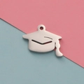 Polished silver stainless steel graduation cap pendant on a pink and blue background - 16*20mm / Steel - With Slash Style