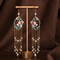 Blue butterfly pearl tassel earrings with gold filigree and water drop pearls - E5161 (Blue Enamel/Pink Flower/Pearl Tassel)