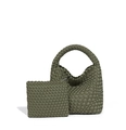 Olive green woven bucket bag set with round handle and matching zippered pouch - Olive Green